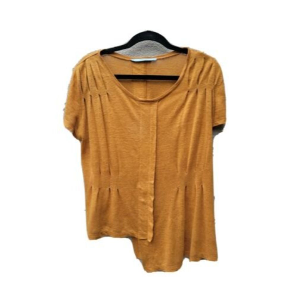 Michelle Nicole Top Med Heavy Linen Knit Mustard Pleated Lagenlook Popover Tee